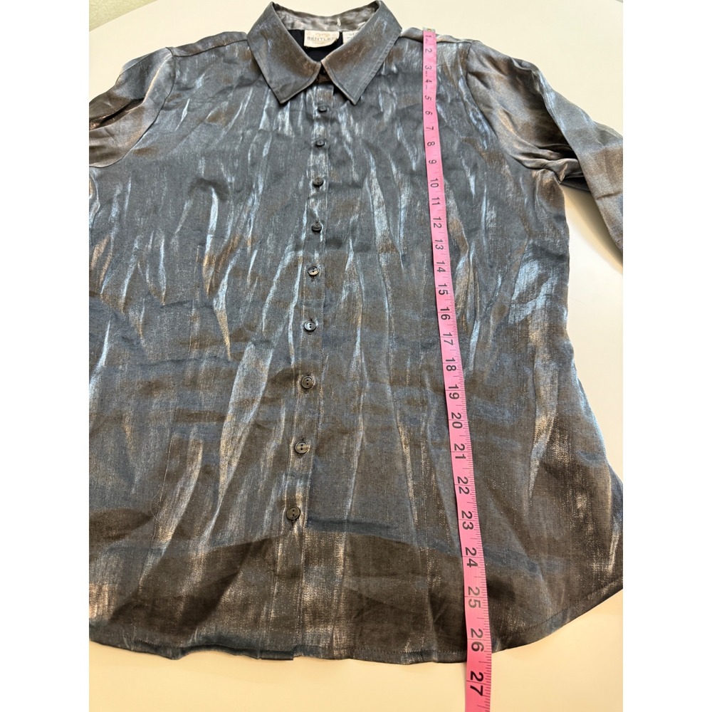 Bentley Metallic Silver Button Up Blouse Y2K Futuristic Disco Shirt L - Picture 6 of 7